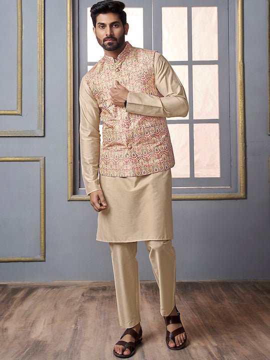 Cream Woven Design Mandarin Collar Nehru Jacket - Inddus.com