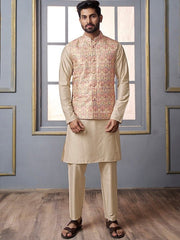 Cream Woven Design Mandarin Collar Nehru Jacket - Inddus.com