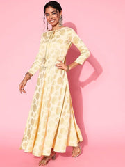 CreamEthnic Motifs Printed A-Line Silk Ethnic Dress - Inddus.com