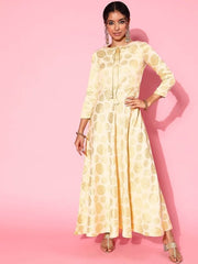 CreamEthnic Motifs Printed A-Line Silk Ethnic Dress - Inddus.com