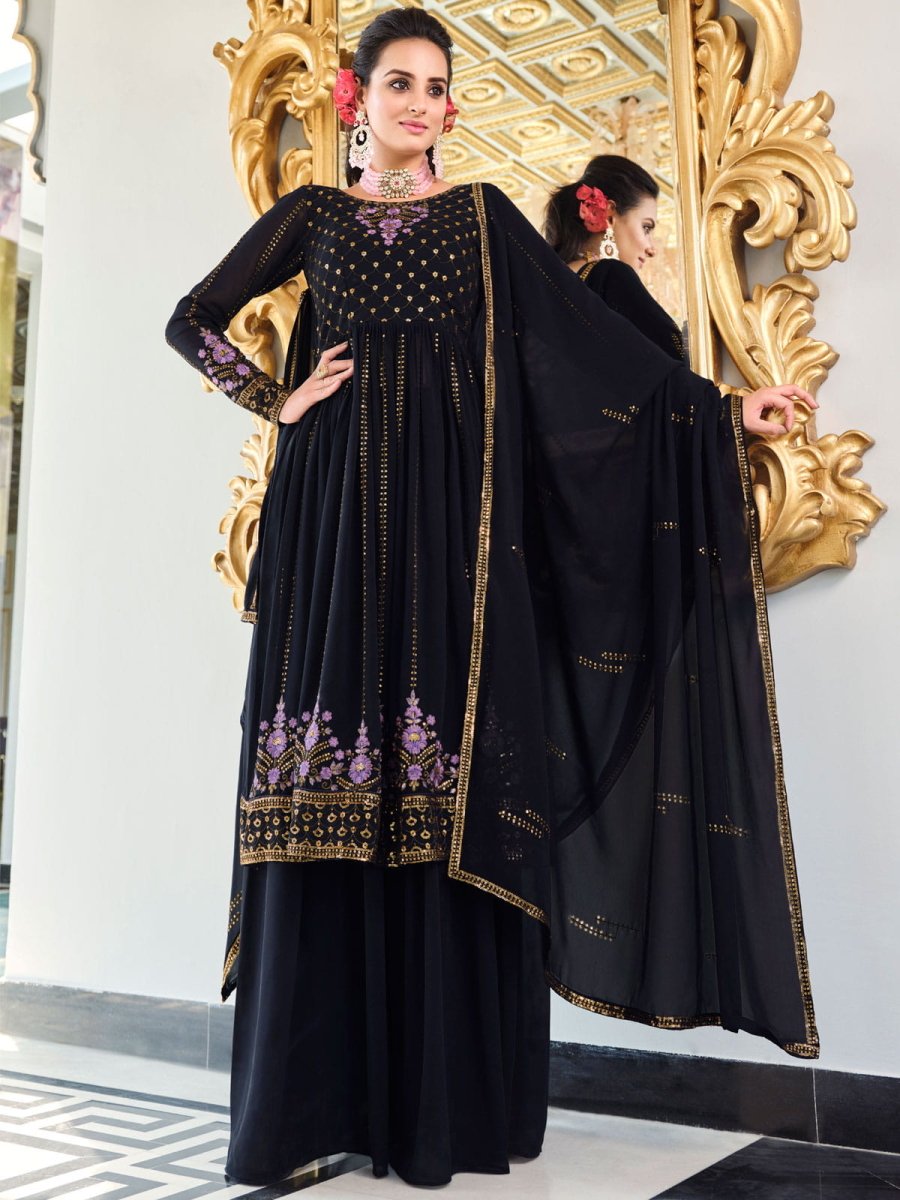Dark Blue Embroidered Partywear Sharara-Style-Suit - Inddus.com