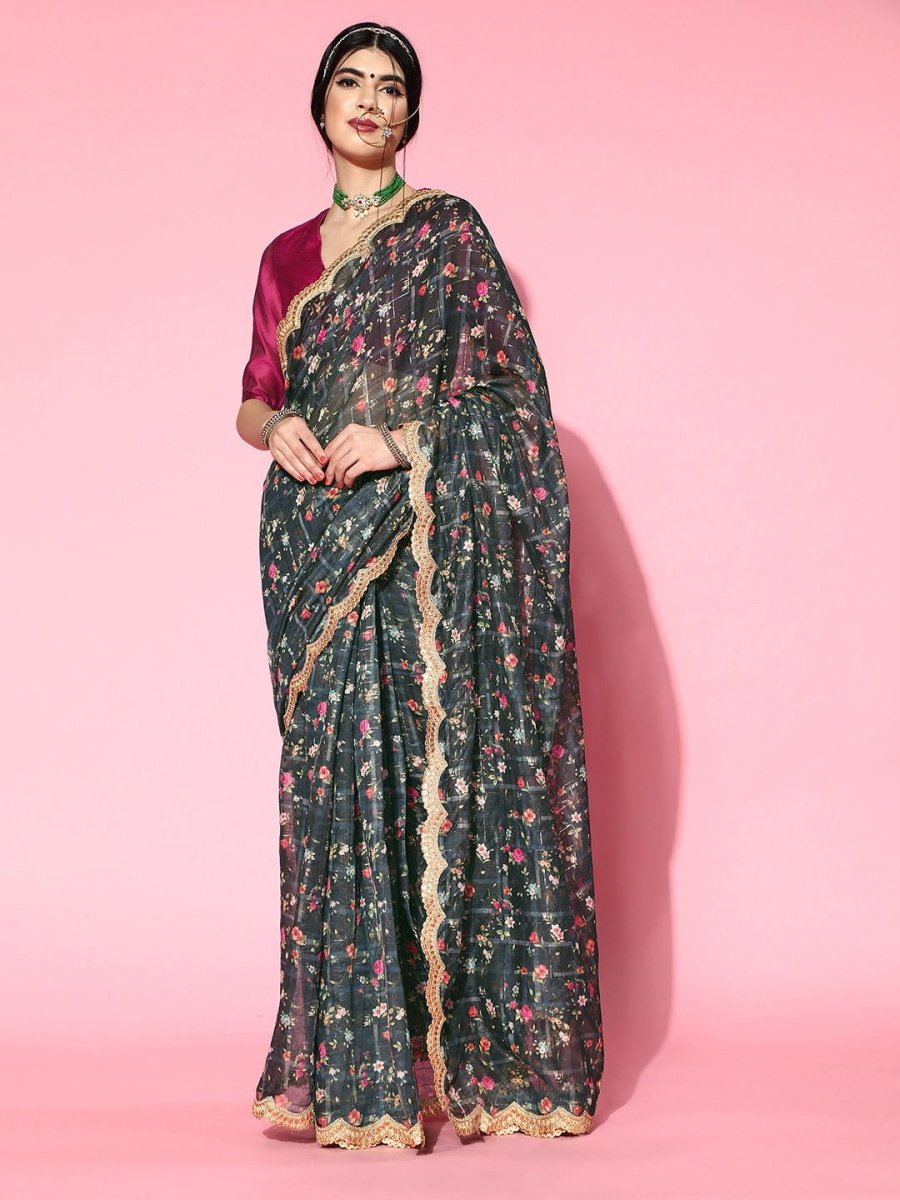 Dark Blur Checked Zari Chanderi Saree - Inddus.com