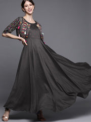 Dark Grey Solid Silk Gown with Jacket - inddus-us