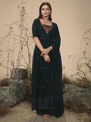 Dark Olive Embroidered Partywear Palazzo Suit - Inddus.com