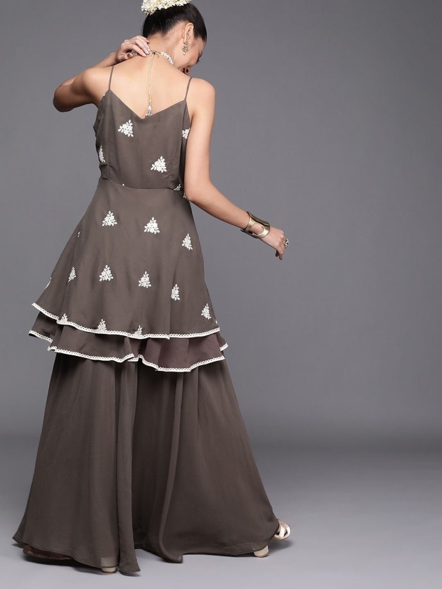 Dark Taupe Embroidered Kurta with Sharara - inddus-us