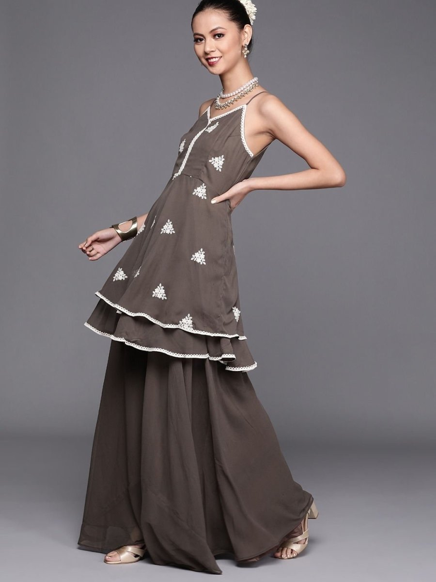Dark Taupe Embroidered Kurta with Sharara - inddus-us