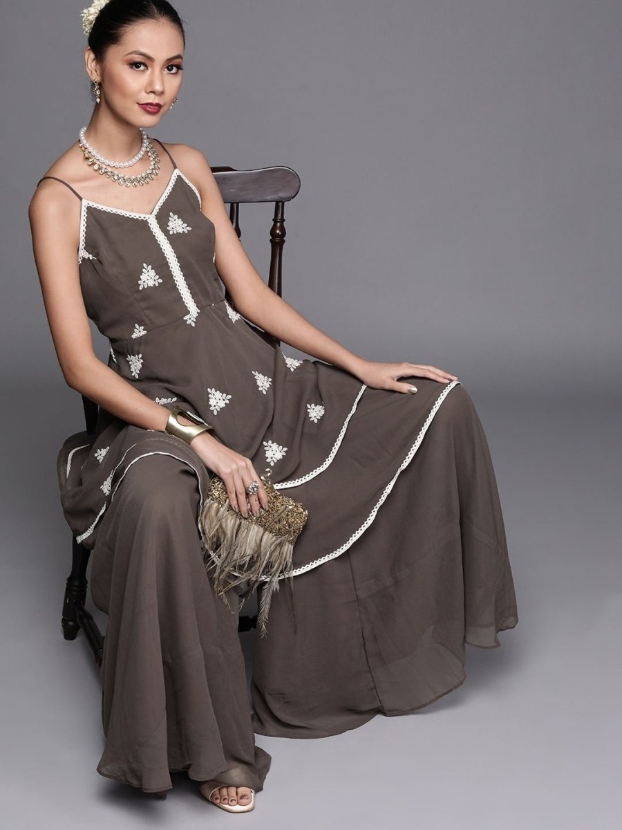 Dark Taupe Embroidered Kurta with Sharara - inddus-us