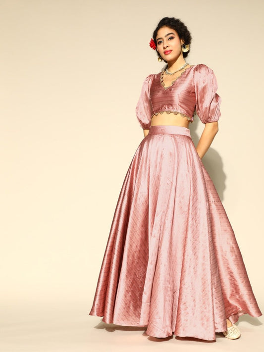 Dirty Pink Brocade Woven Flared Skirt with Top - Inddus.com