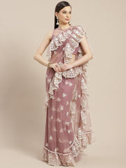 Dirty Pink Embroidered Ruffle Saree - inddus-us