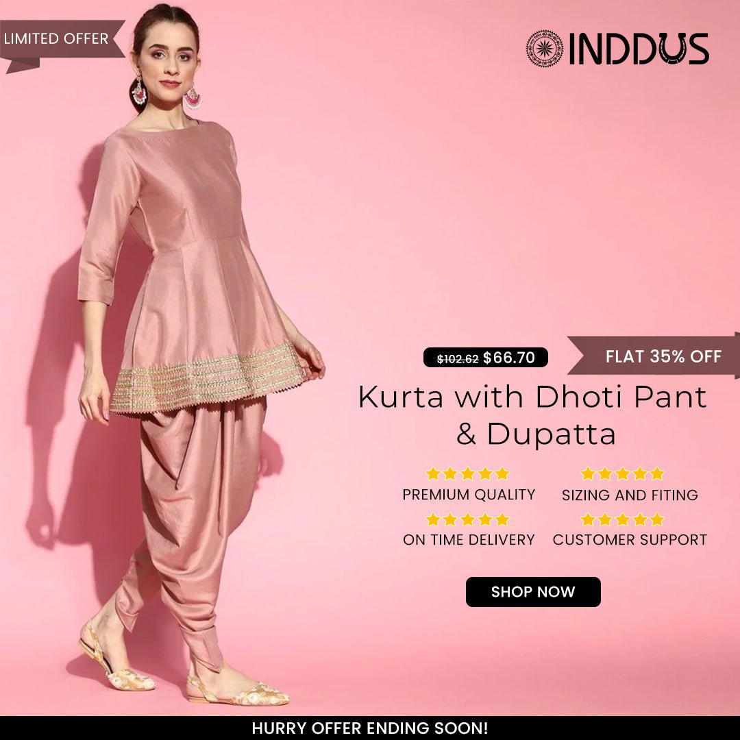 Dirty Pink Kurta with Dhoti Pants and Dupatta - Inddus.com