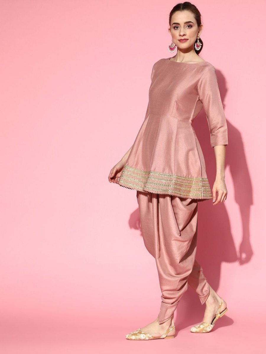 Dirty Pink Kurta with Dhoti Pants and Dupatta - Inddus.com