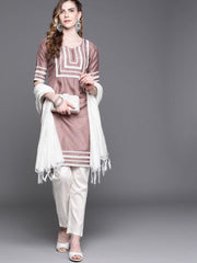 Dirty Pink Laced Kurta with Pants and Dupatta - Inddus.com