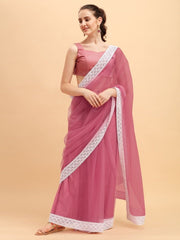 Dirty Pink Net Bordered Saree with Net Blouse - inddus-us