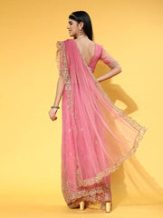 Dirty Pink Net Embroidere Saree with Blouse Piece - Inddus.com