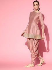 Dirty Pink Panelled Kurta with Dhoti Pants and Organza Dupatta - Inddus.com