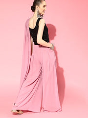 Dirty Pink Pleated Palazzo Saree with Sequinned Ready to Wear Stretchable Blouse - inddus-us
