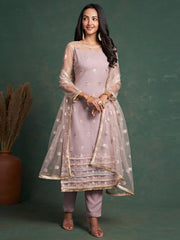 Dusty Pink Embroidered Festive-Wear Straight-Cut-Suit - Inddus.com