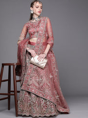 Dusty Pink Embroidered Semi-Stitched Lehenga with Unstitched Blouse & Dupatta - Inddus.com