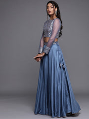 Electric Blue Solid SemiStitched Lehenga with Sequinned Blouse and Net Dupatta - inddus-us