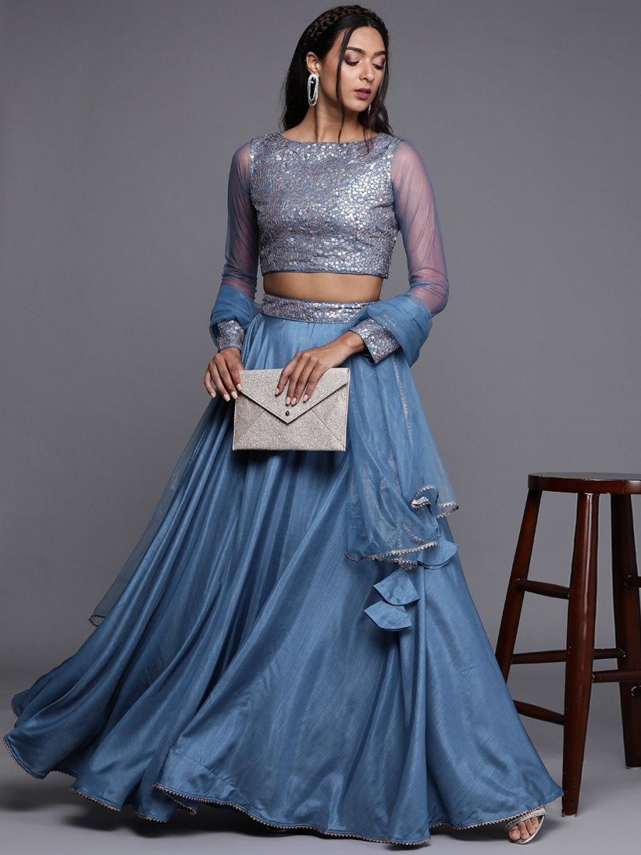 Electric Blue Solid SemiStitched Lehenga with Sequinned Blouse and Net Dupatta - inddus-us