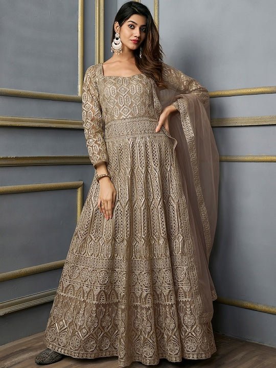 Embellished Fit & Flare Ethnic Dress With Dupatta - Inddus.com