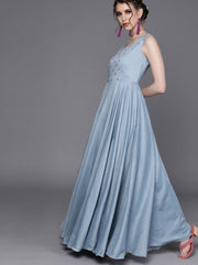 Embroidered Blue Silk Partywear Dress - inddus-us