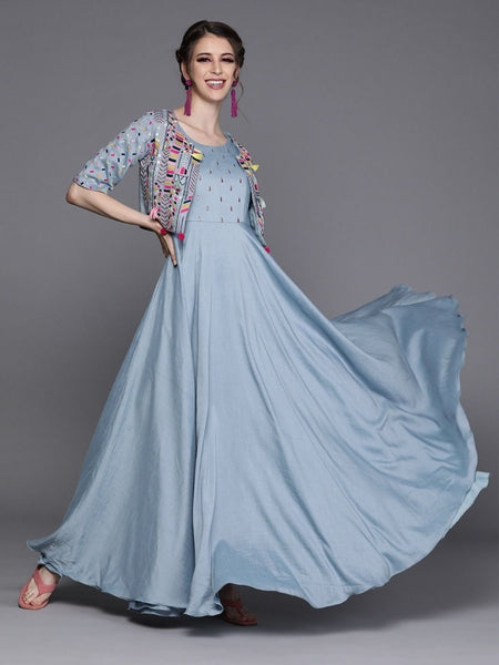 Breathtaking Blue Silk Partywear Dress Online at Inddus