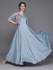 Embroidered Blue Silk Partywear Dress - inddus-us