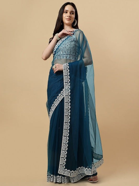 Embroidered Bordered Net Saree - Inddus.com