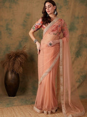 Embroidered Bordered Net Sarees - Inddus.com
