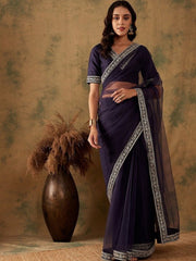 Embroidered Bordered Sequinned Saree - Inddus.com