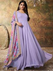 Embroidered Georgette Maxi Gown Ethnic Dress With Floral Printed Dupatta - Inddus.com