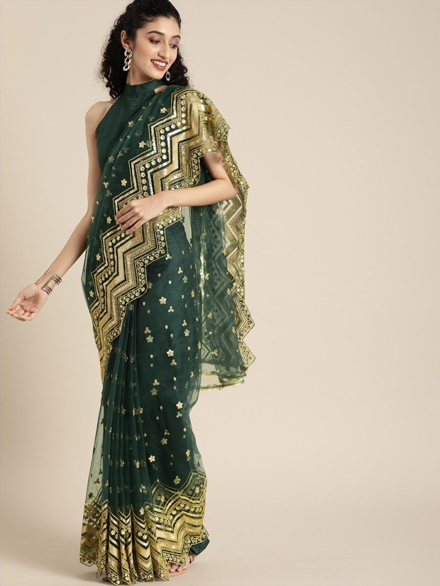 Embroidered Green Net Partywear Saree - inddus-us