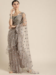 Embroidered Grey Net Partywear Saree - inddus-us