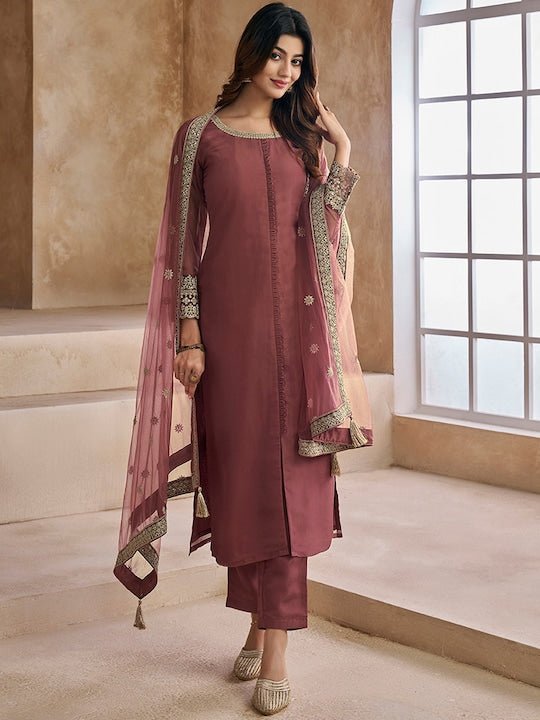 Embroidered Kurta with Trousers & Dupatta - Inddus.com