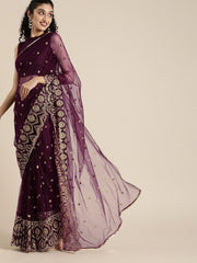 Embroidered Purple Net Partywear Saree - inddus-us