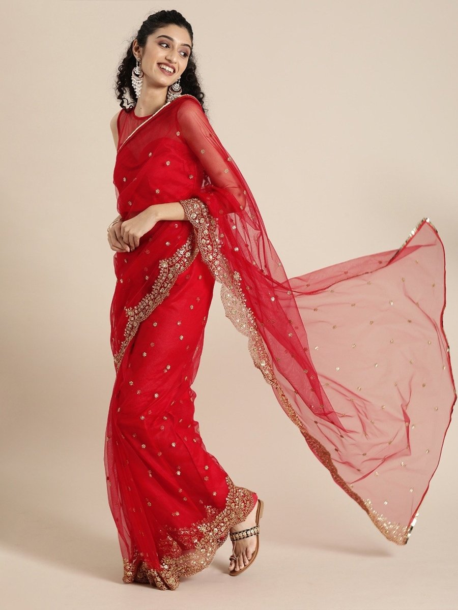 Embroidered Red Net Partywear Saree - inddus-us