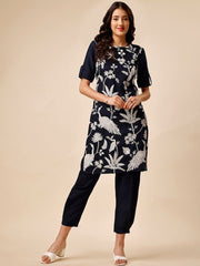 Embroidered Roll-Up Sleeves Thread Work Regular Kurta & Trousers - Inddus.com
