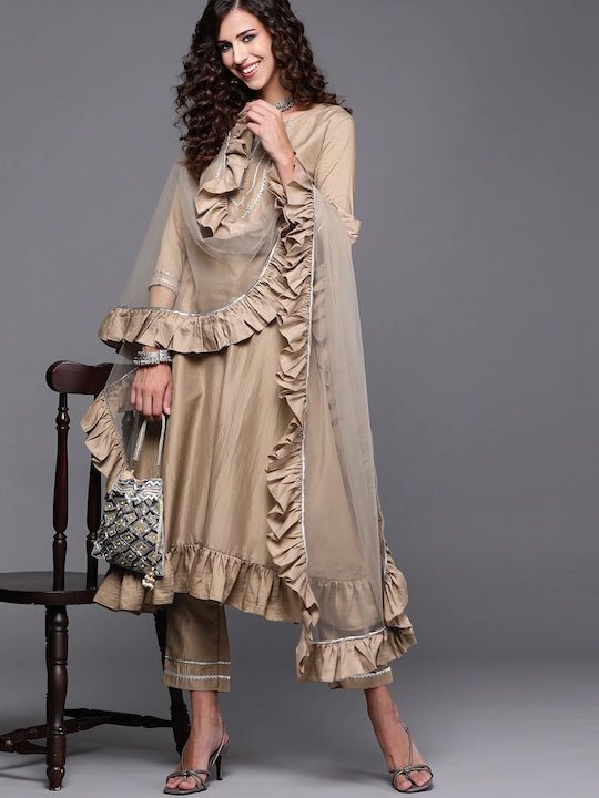 Embroidered Round Neck Kurta with Trousers & Dupatta - Inddus.com