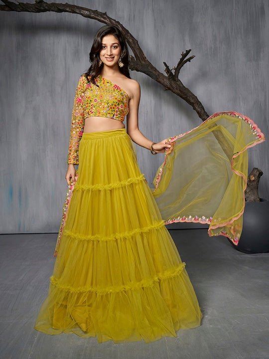 Embroidered Semi-Stitched Lehenga & Unstitched Blouse With Dupatta - Inddus.com