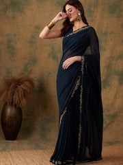 Embroidered Sequinned Bordered Saree - Inddus.com