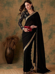 Embroidered Sequinned Bordered Saree - Inddus.com
