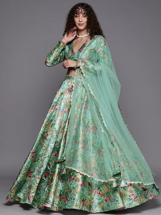 Embroidered Thread Work Unstitched Lehenga & Blouse With Dupatta - Inddus.com