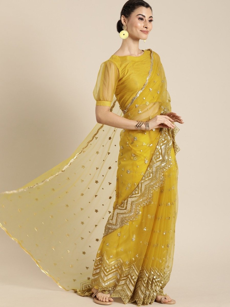 Embroidered Yellow Net Partywear Saree - inddus-us