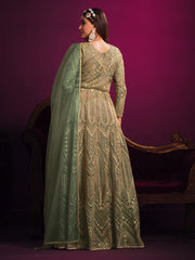 Enthralling Sea Green Net Embroidered Festive Gown - Inddus.com
