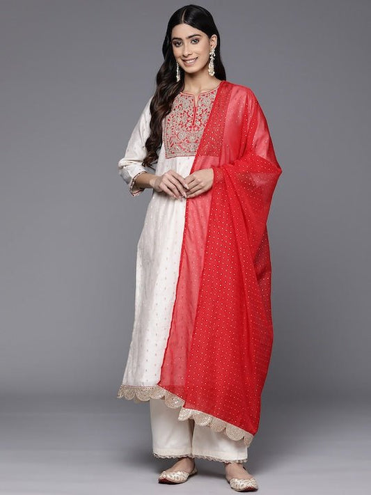 Ethnic Motifs Embroidered Chanderi Cotton Kurta With Palazzos & Dupatta - Inddus.com