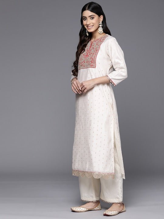 Ethnic Motifs Embroidered Chanderi Cotton Kurta With Palazzos & Dupatta - Inddus.com