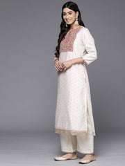 Ethnic Motifs Embroidered Chanderi Cotton Kurta With Palazzos & Dupatta - Inddus.com