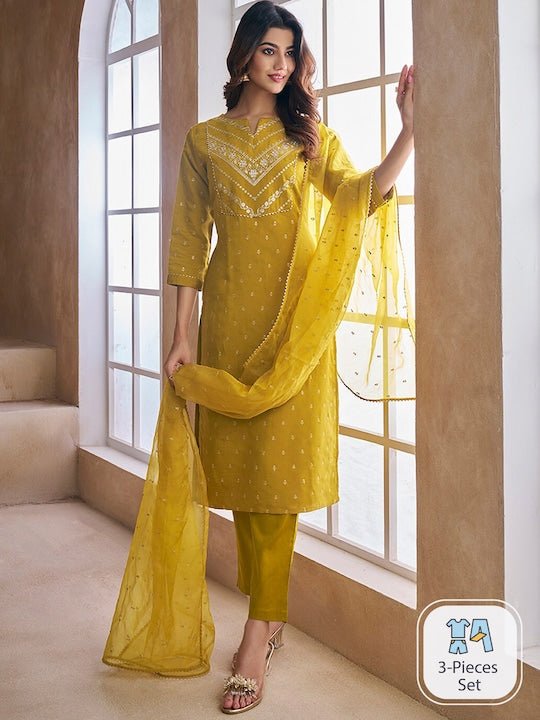 Ethnic Motifs Embroidered Chanderi Cotton Kurta With Trousers & With Dupatta - Inddus.com