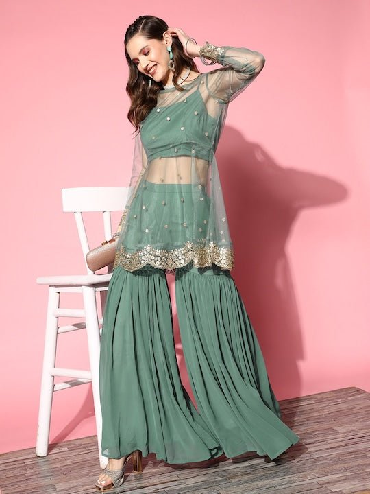 Ethnic Motifs Embroidered Kurti With Sharara - Inddus.com